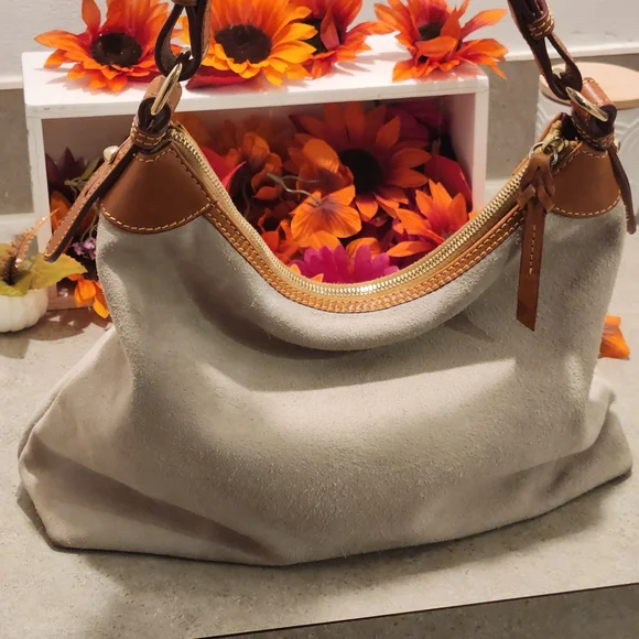 Dooney & Bourke Cream and Tan Suede women's handbag. Preppy and classic. - Picture 7 of 8
